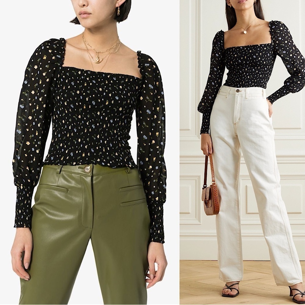REFORMATION 90s Floral Crepe Smocked Puff Long Sleeve Square Neck Cropped Top S‎